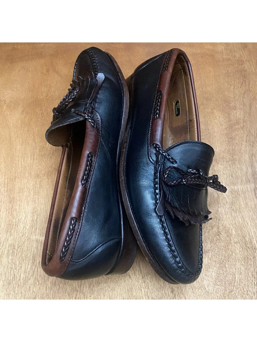 Vintage Woodstock Leather Kiltie Loafers Mens 10.5 D Black Brown Moccasin Shoes